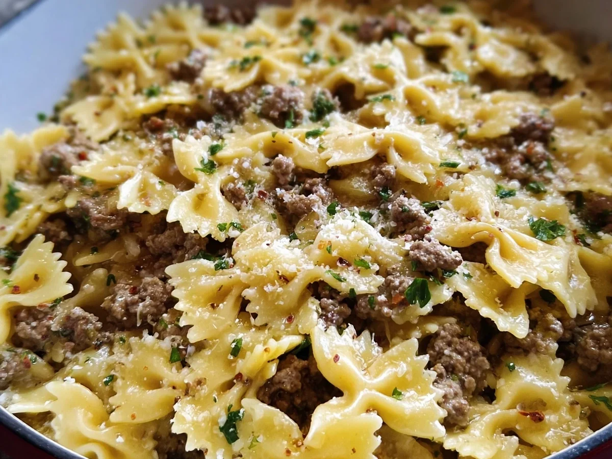 Garlic Butter Bowtie Pasta with Ground Beef - Image 1