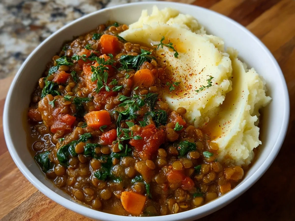 High Protein Lentil Stew Over Mashed Potatoes - Image 1
