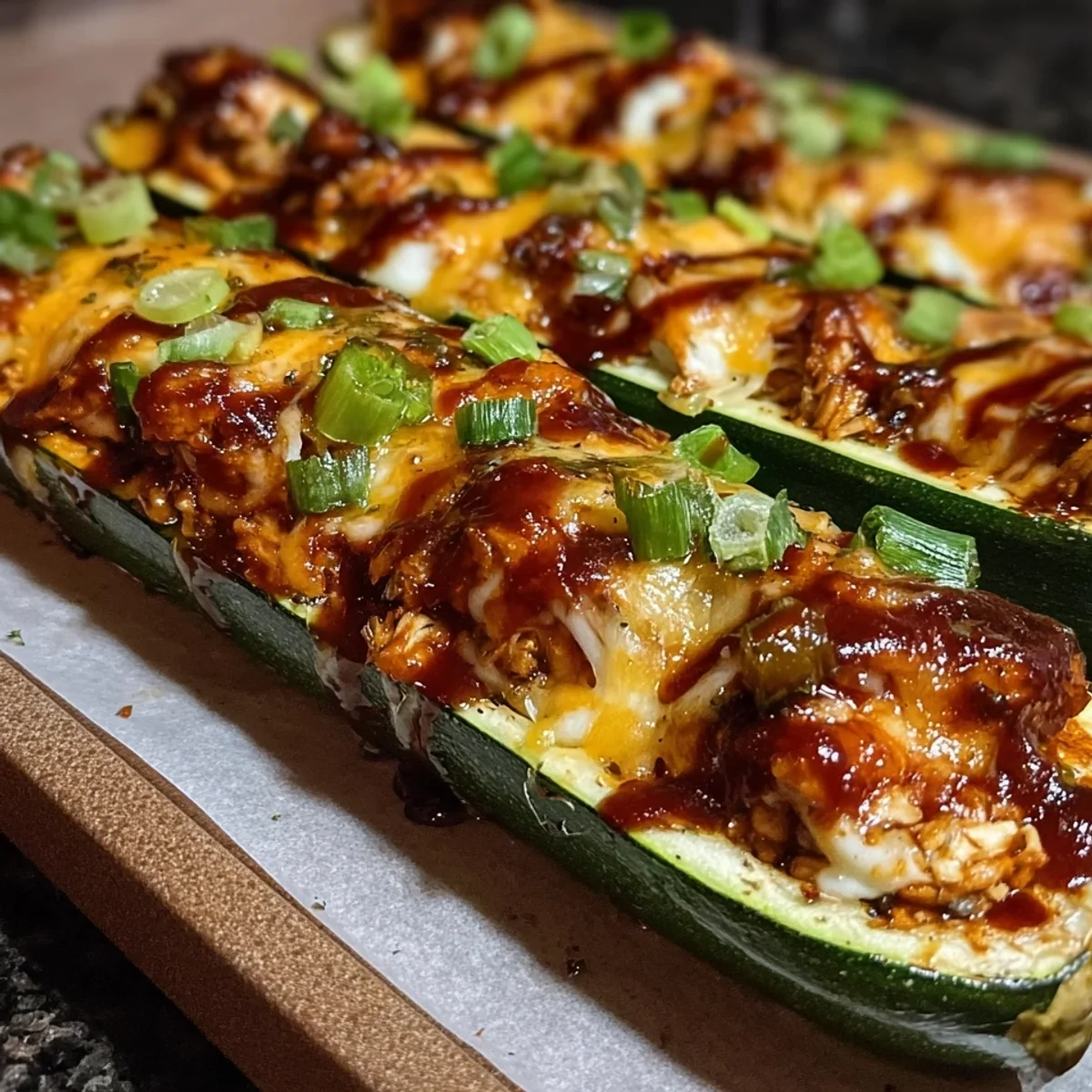 Crispy Sticky BBQ Chicken Zucchini Boats
