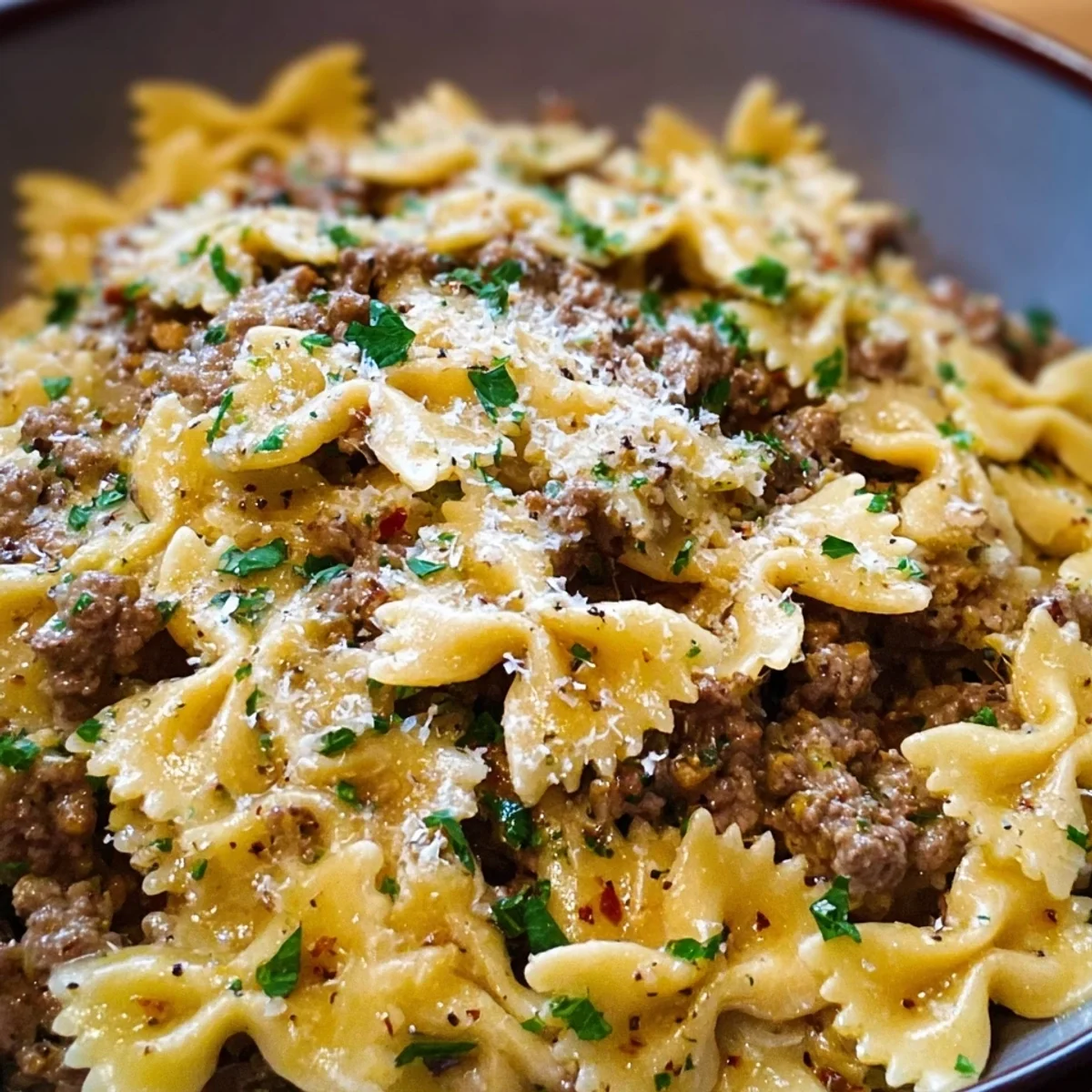 Garlic Butter Bowtie Pasta with Ground Beef
