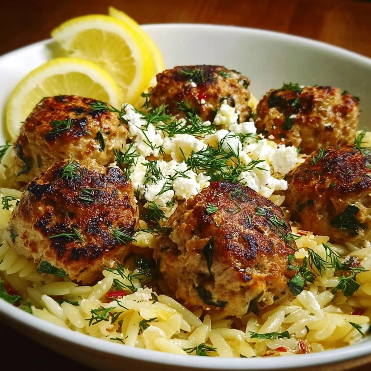 Greek Chicken Meatballs with Lemon Orzo