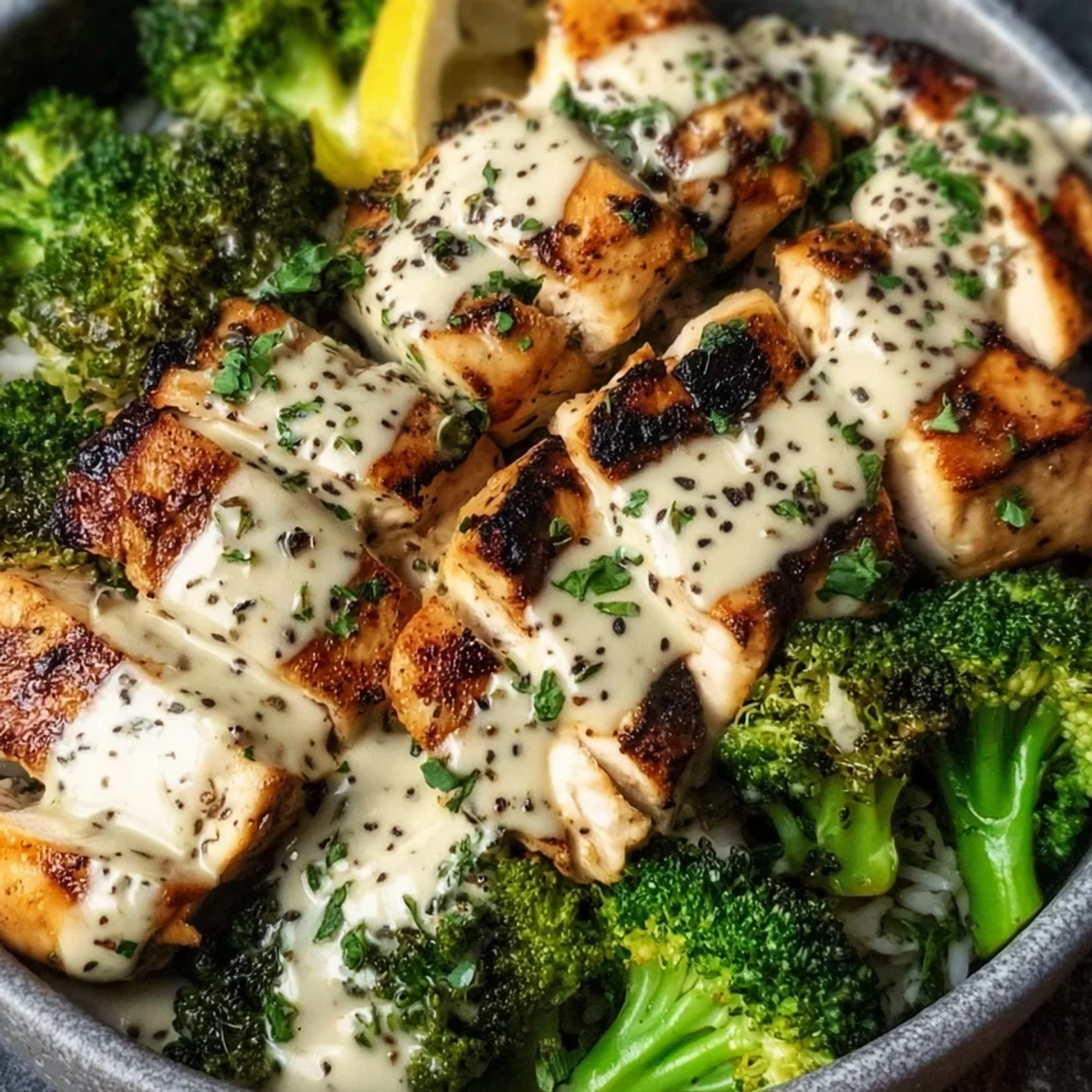 Grilled Chicken Broccoli Bowls with Garlic Sauce