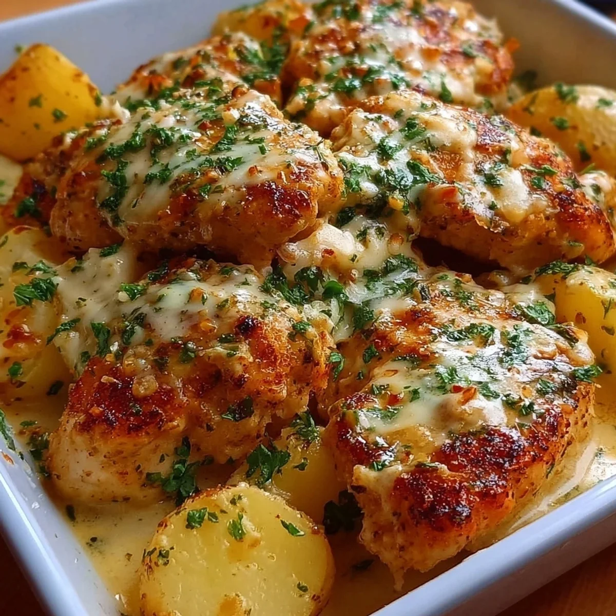 High-Protein Creamy Garlic Cheesy Chicken & Potatoes