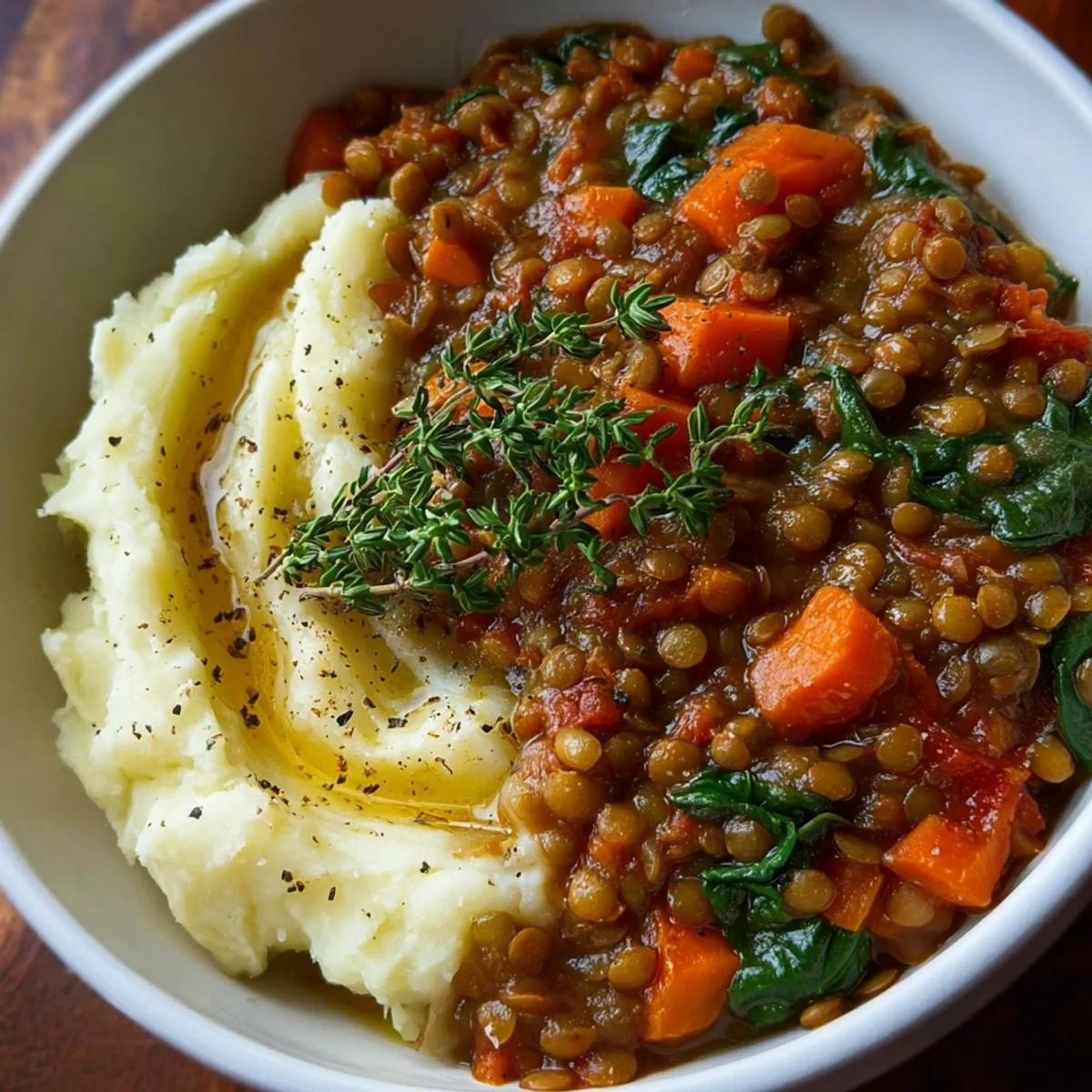 High Protein Lentil Stew Over Mashed Potatoes