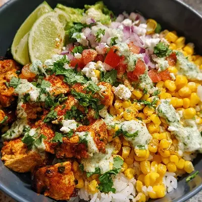 High Protein Street Corn Chicken Rice Bowl