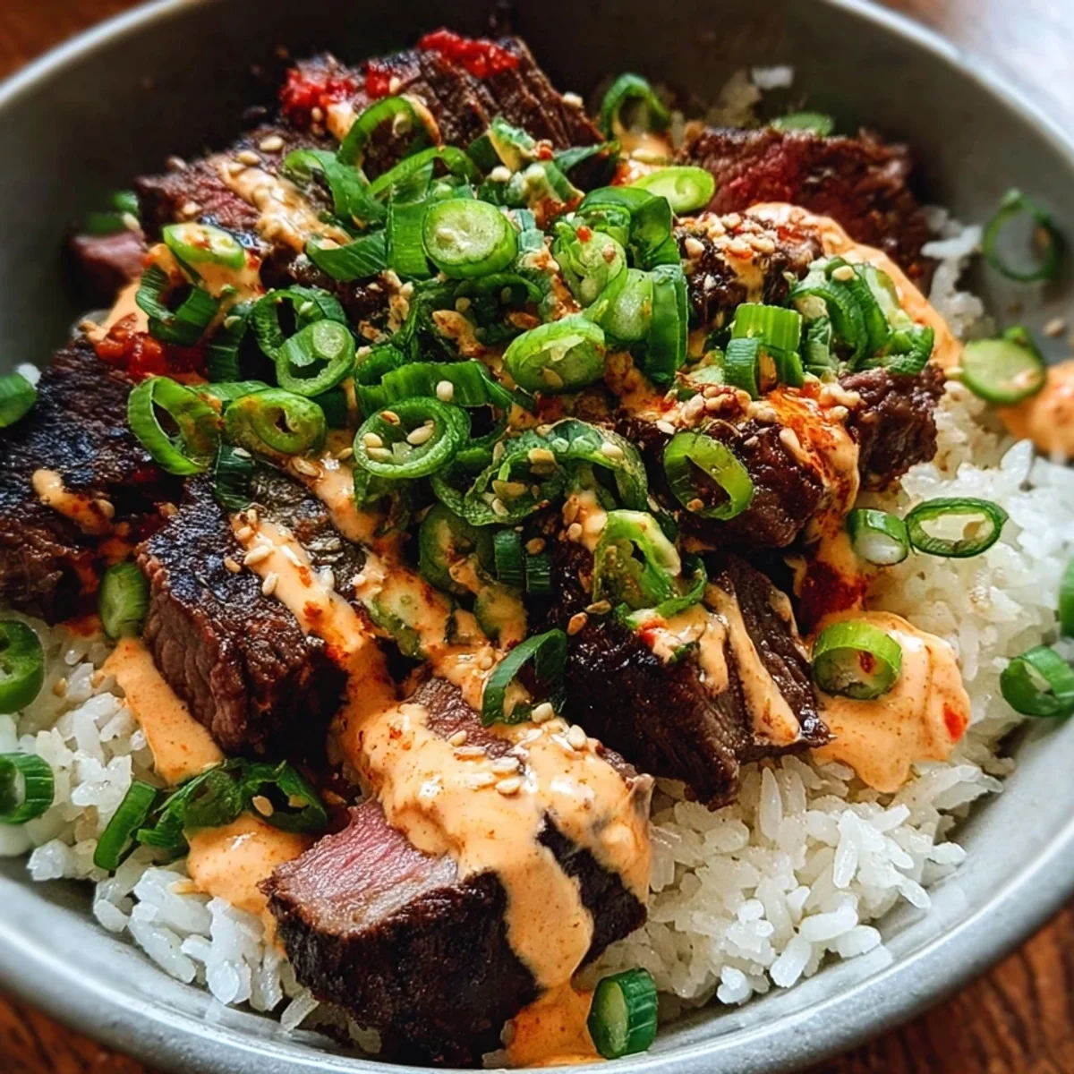Korean BBQ Steak Rice Bowls with Spicy Cream Sauce
