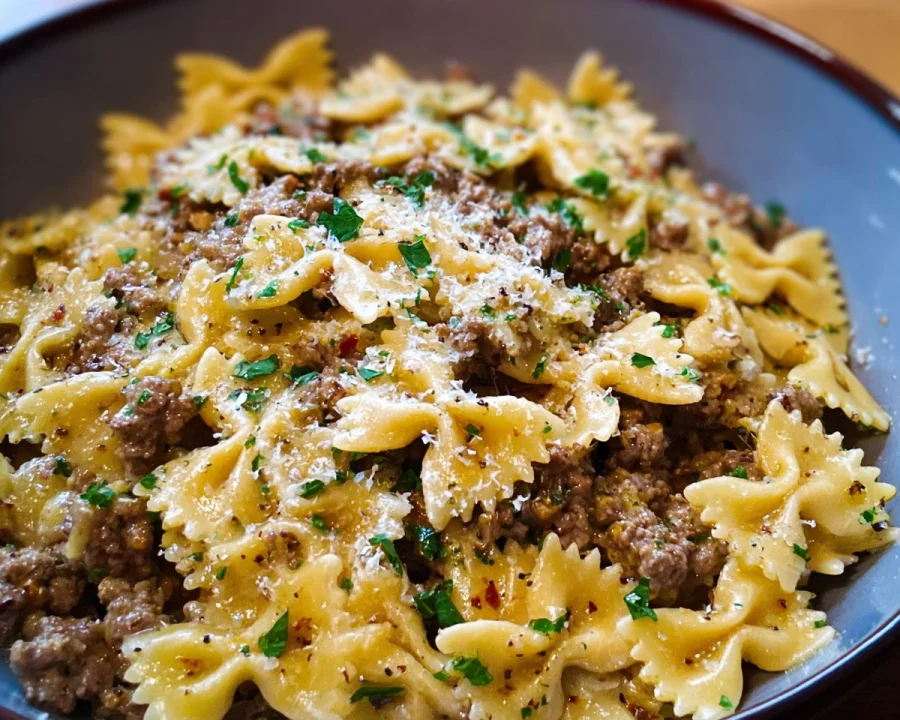 Garlic Butter Bowtie Pasta with Ground Beef
