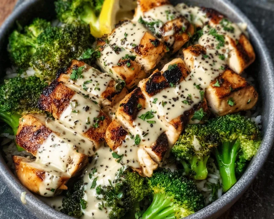 Grilled Chicken Broccoli Bowls with Garlic Sauce