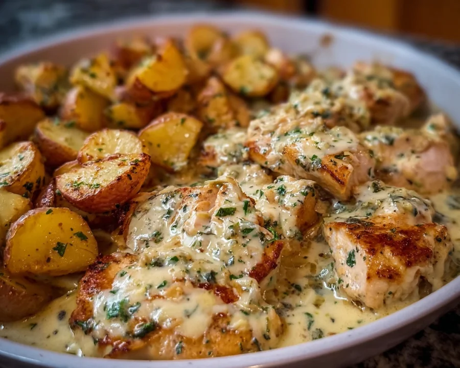 High Protein Creamy Garlic Cheesy Chicken & Potatoes