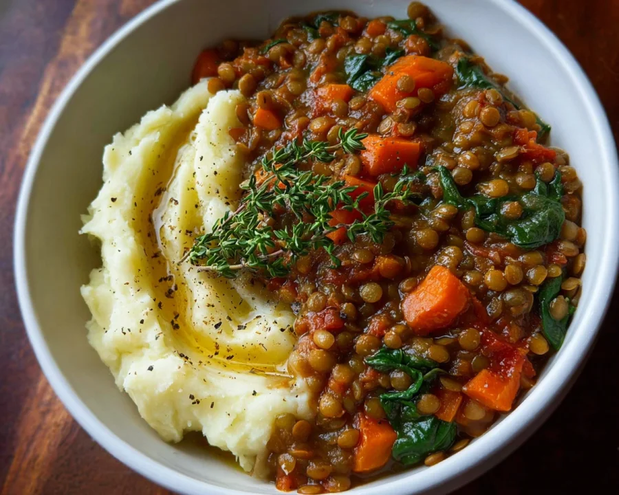 High Protein Lentil Stew Over Mashed Potatoes