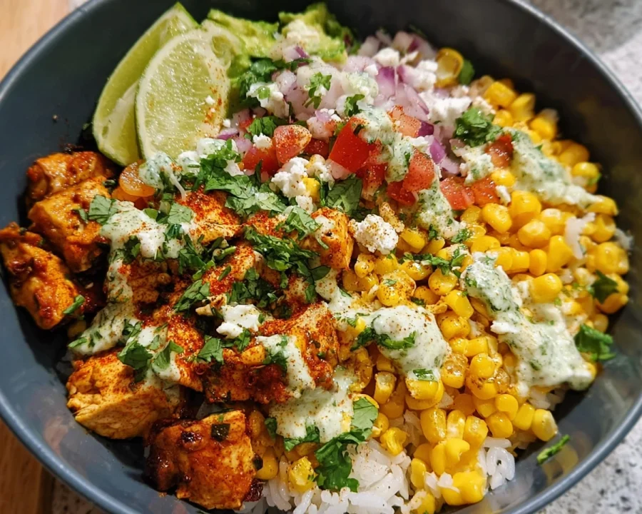 High Protein Street Corn Chicken Rice Bowl