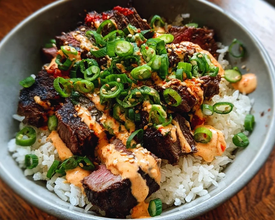 Korean BBQ Steak Rice Bowls with Spicy Cream Sauce