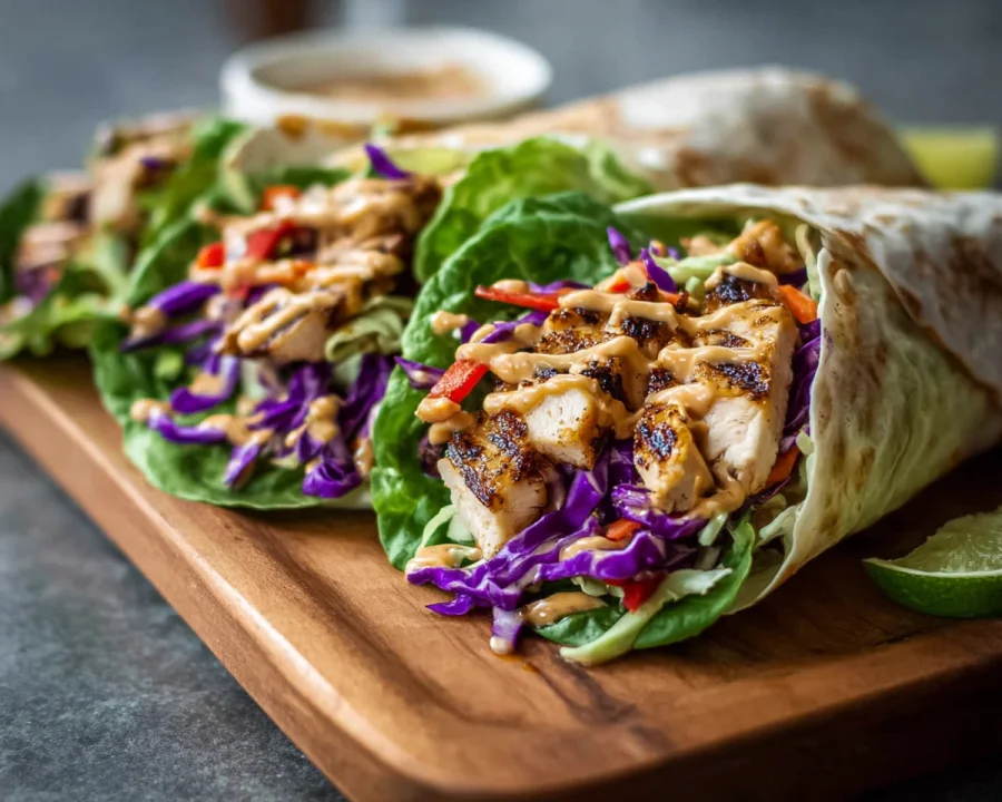 Thai Chicken Wraps with Crispy Slaw & Peanut Sauce