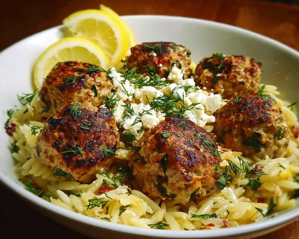 Greek Chicken Meatballs with Lemon Orzo