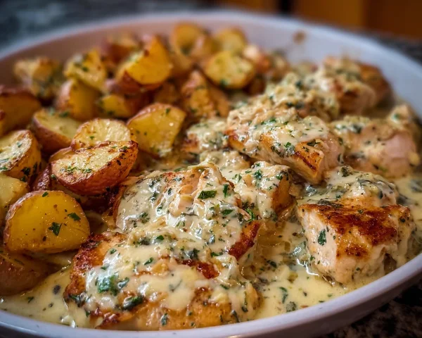 High Protein Creamy Garlic Cheesy Chicken & Potatoes