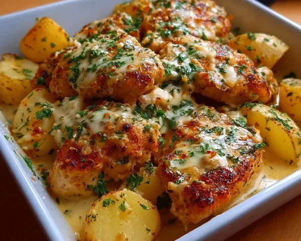 High-Protein Creamy Garlic Cheesy Chicken & Potatoes